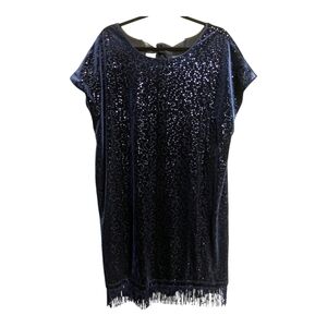 Oleg Cassini Blue Velvet Shift Dress Formal Fringe Sequins Backbow